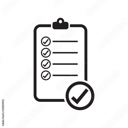 clipboard icon, note icon, checkmark icon