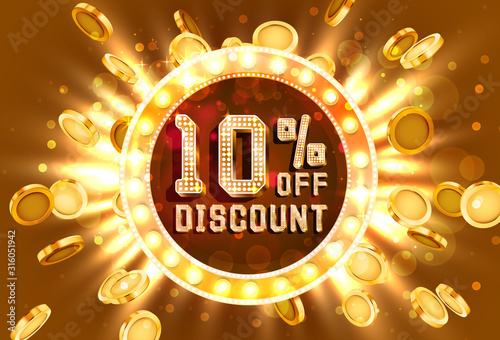 Golden frame 10 sale off text banner. Money explosion gold.