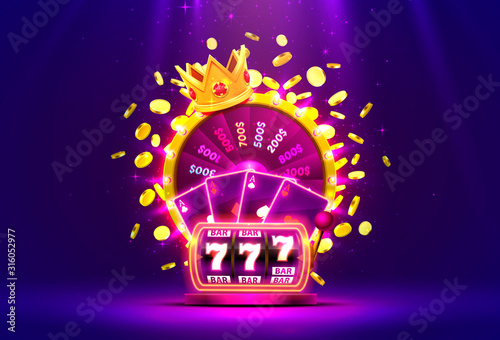 Casino golden colorful fortune wheel, Neon slot machine wins the jackpot.