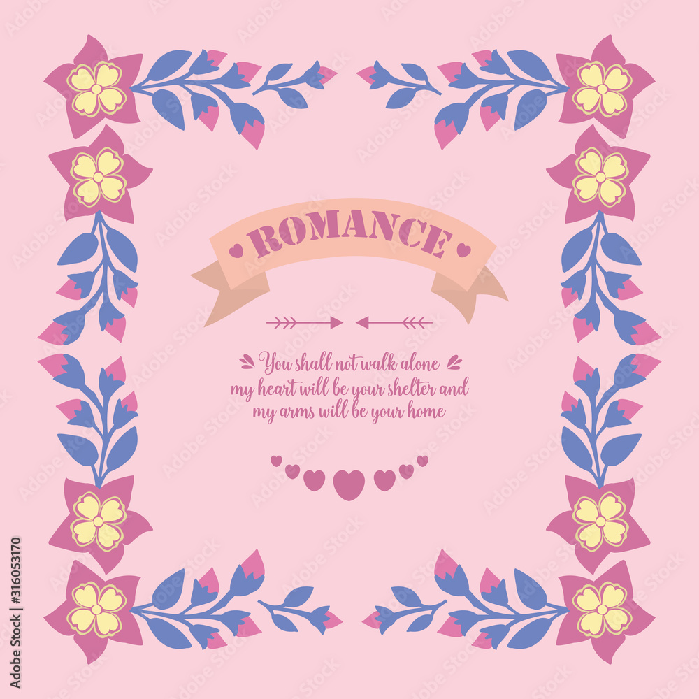 Romance invitation card template design, with beautiful leaf and pink floral frame design. Vector