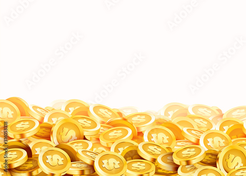 Golden shiny coins. Big bunch of old metal money. Precious expensive treasure.