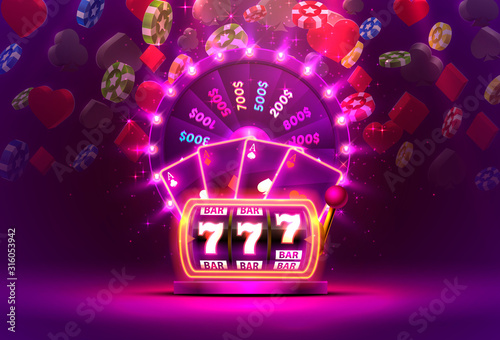 Casino neon colorful fortune wheel, Neon slot machine wins the jackpot.