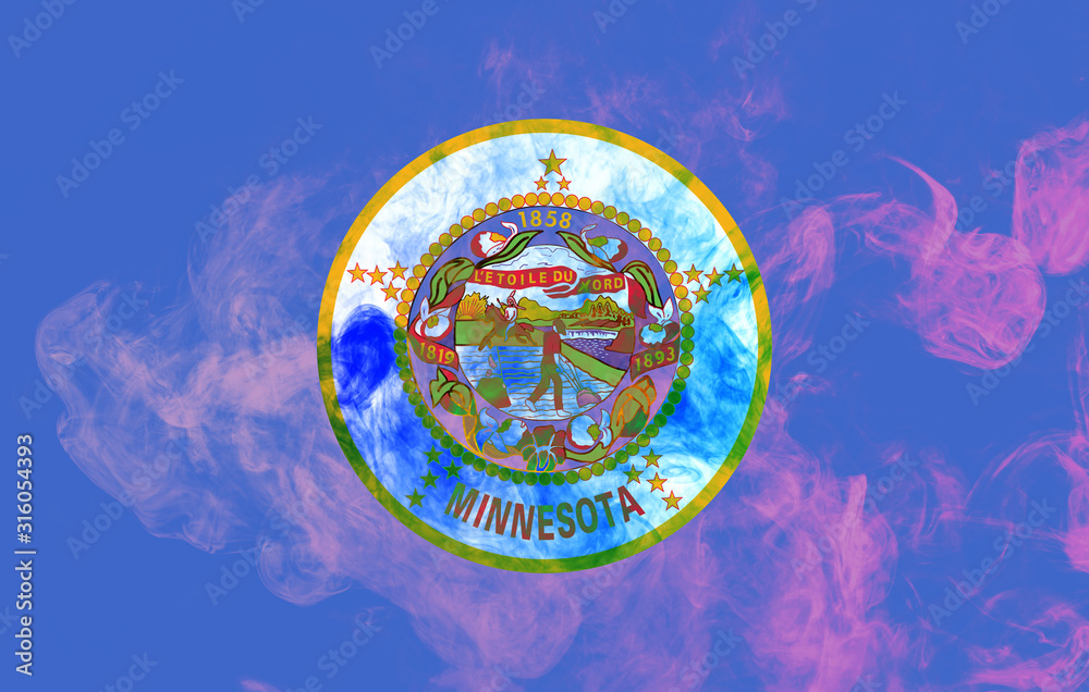 The national flag of the US state Minnesota in against a gray smoke on the day of independence in different colors of blue red and yellow. Political and religious disputes, customs and delivery.