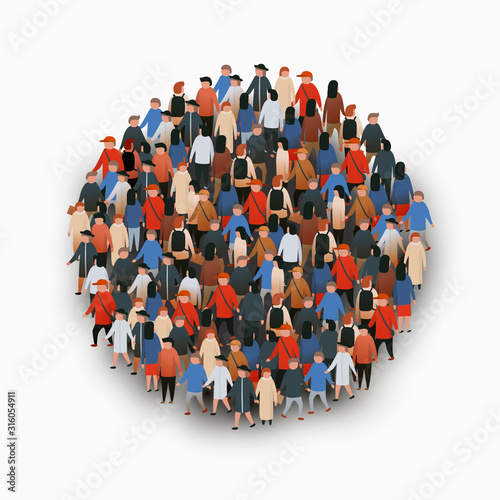 Template for advertising brochure with people crowd in shape of circle.