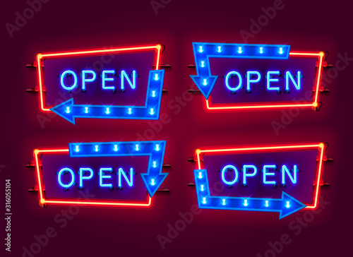 Neon open frame arrow set collection. template design element.
