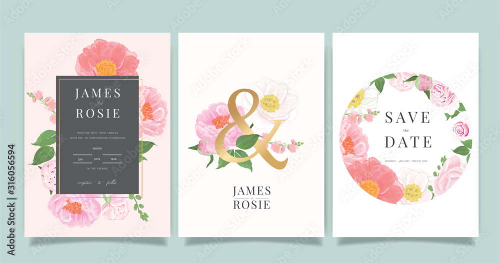 Luxury rose Wedding Invitation set,  invite thank you, rsvp modern card Design in pink and gray flower with leaf greenery branches  decorative Vector elegant rustic template