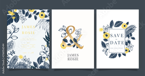 Navy Blue Luxury Wedding Invitation, floral invite thank you, rsvp modern card Design in gold flower with  leaf greenery  branches decorative Vector elegant rustic template