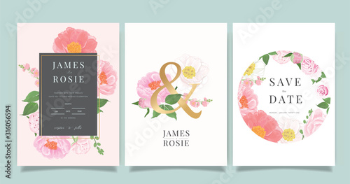 Luxury rose Wedding Invitation set,  invite thank you, rsvp modern card Design in pink and gray flower with leaf greenery branches  decorative Vector elegant rustic template