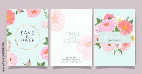 Luxury rose Wedding Invitation set, invite thank you, rsvp modern card Design in pink and gray flower with leaf greenery branches decorative Vector elegant rustic template