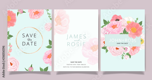 Luxury rose Wedding Invitation set,  invite thank you, rsvp modern card Design in pink and gray flower with leaf greenery branches  decorative Vector elegant rustic template