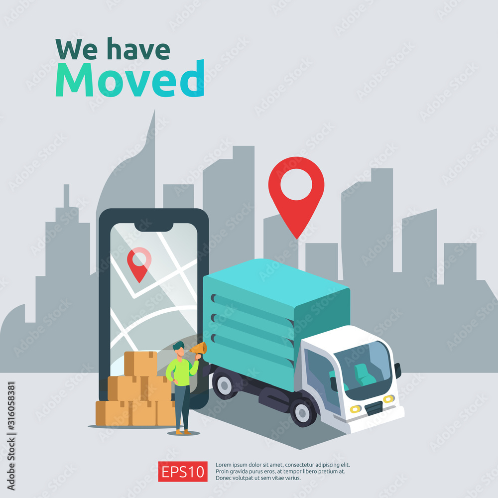 we have moved vector illustration concept. new location announcement business store, home or change office address for landing page template, mobile app, poster, banner, flyer, ui, web, and background