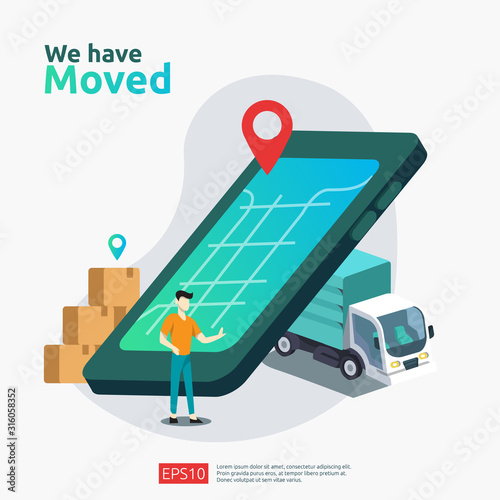 we have moved vector illustration concept. new location announcement business store, home or change office address for landing page template, mobile app, poster, banner, flyer, ui, web, and background