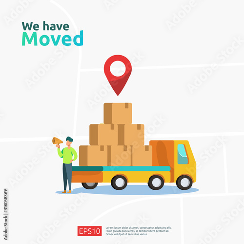 we have moved vector illustration concept. new location announcement business store, home or change office address for landing page template, mobile app, poster, banner, flyer, ui, web, and background