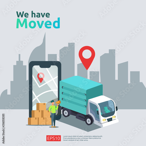 we have moved vector illustration concept. new location announcement business store, home or change office address for landing page template, mobile app, poster, banner, flyer, ui, web, and background