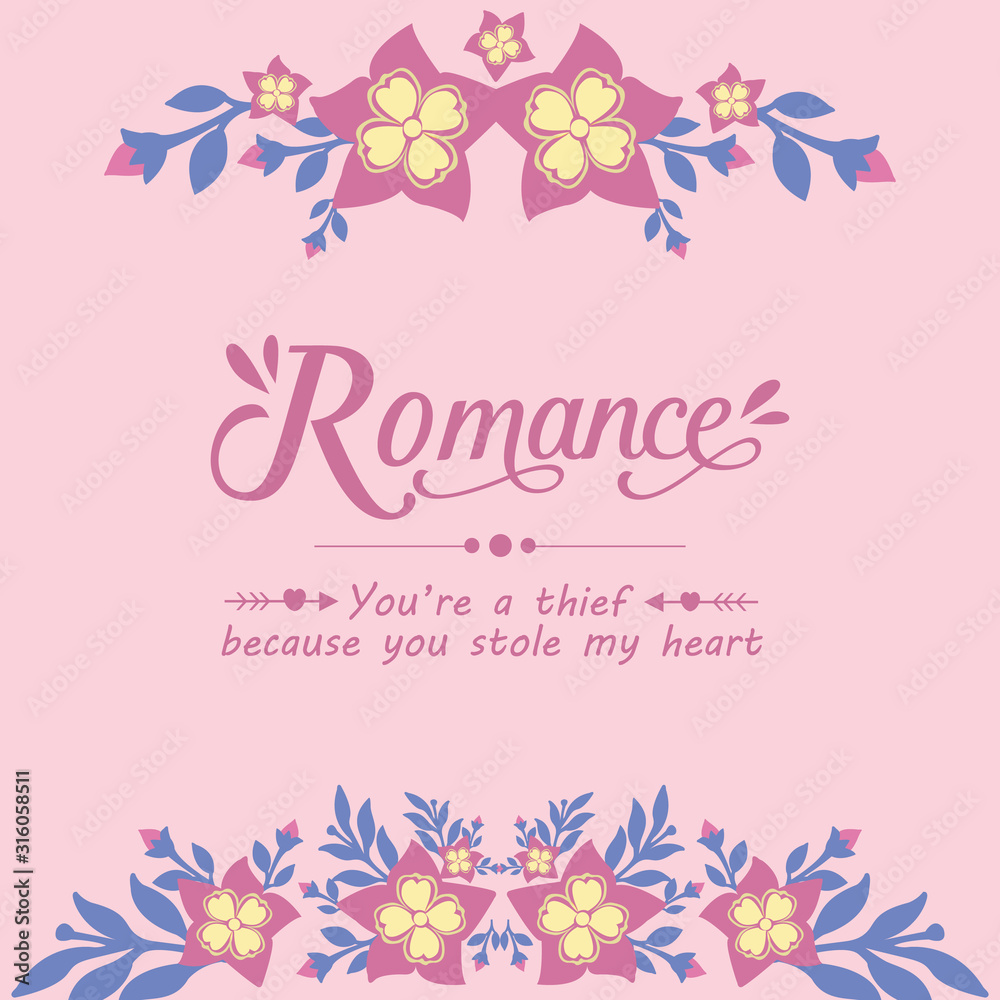 Romance Invitation card, with elegant pattern of leaf and pink wreath. Vector