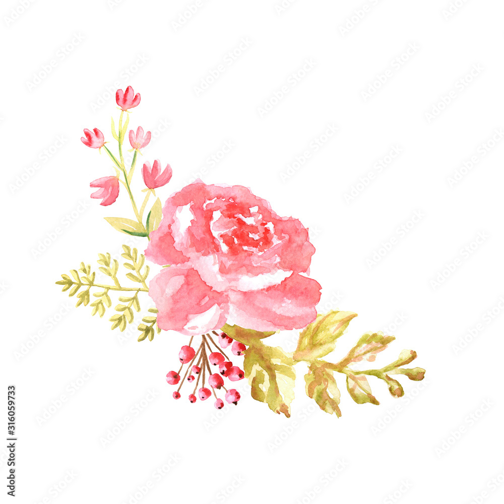 Fototapeta premium Watercolor gentle pink composition of flowers hand drawn on white background