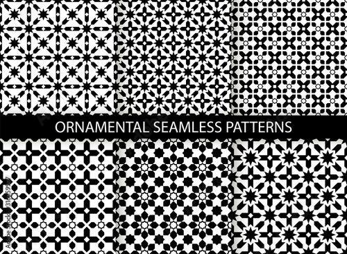 6 Universal different vector seamless tiling patterns. Endless texture can be used for tile, wallpaper, pattern fills, web page background, surface textures. Set of monochrome geometric ornaments.