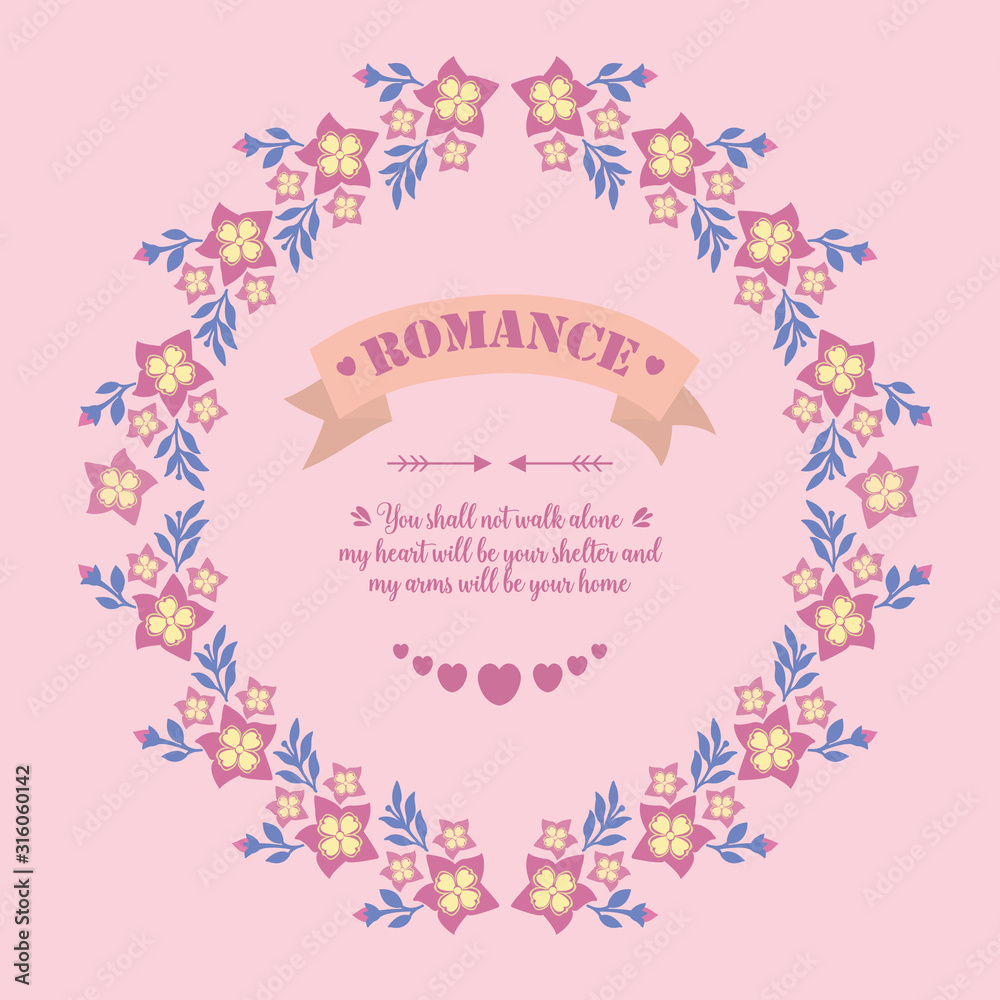 The unique leaf and pink wreath frame, for seamless romance greeting card template concept. Vector