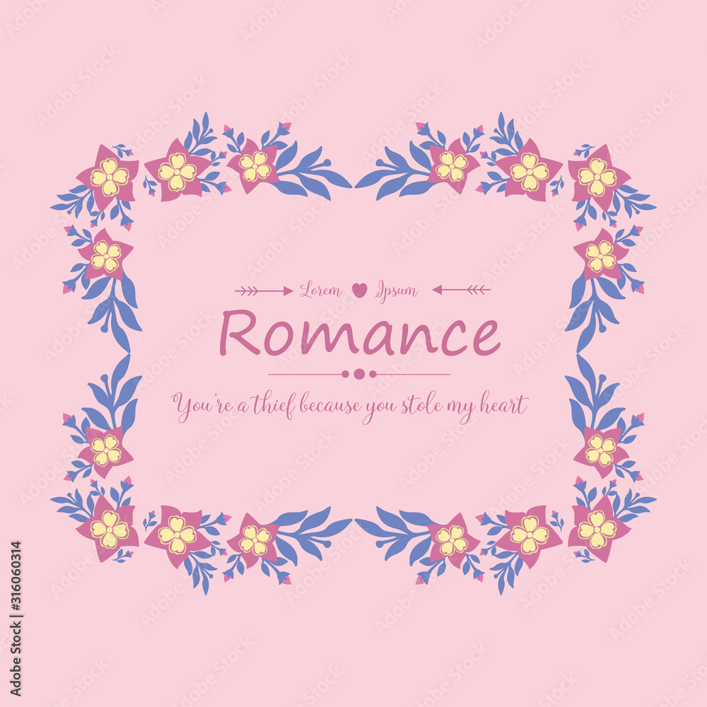 The unique leaf and pink wreath frame, for seamless romance greeting card template concept. Vector
