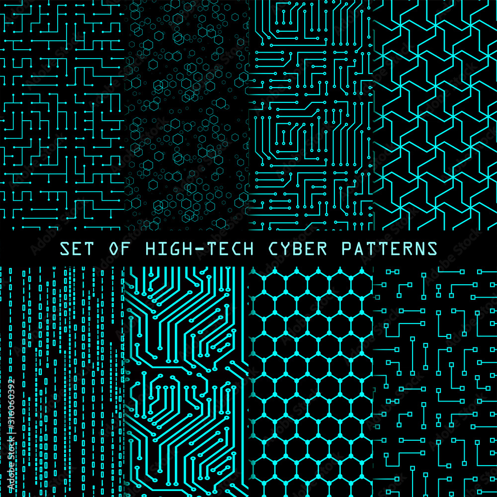 Set of seamless cyber patterns. Circuit board texture. Collection of