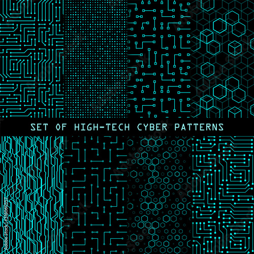 Set of seamless cyber patterns. Circuit board texture. Collection of digital high tech style vector backgrounds