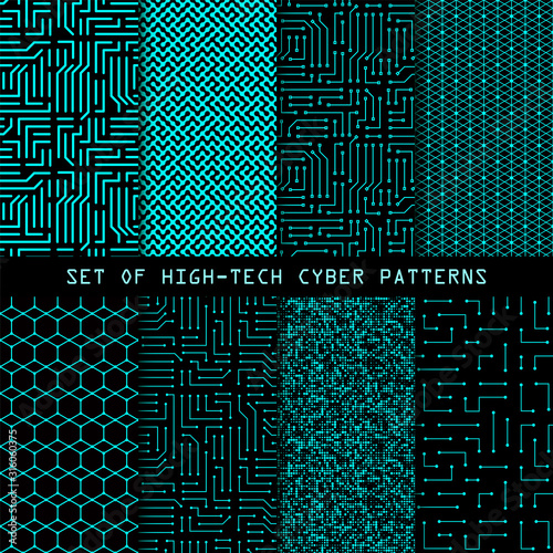 Set of seamless cyber patterns. Circuit board texture. Collection of digital high tech style vector backgrounds