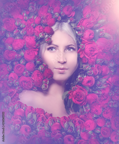 Beautiful woman in a frame of flowers. Young girl with red peony roses.