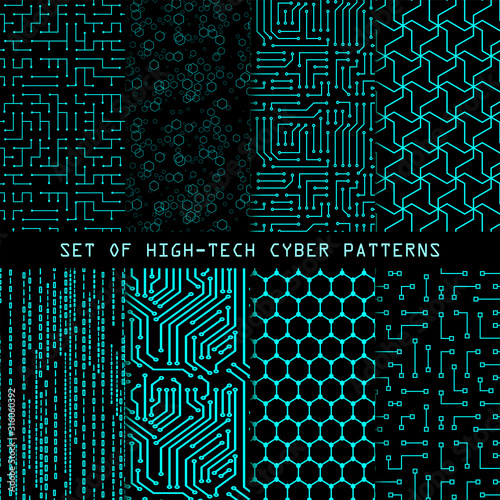 Set of seamless cyber patterns. Circuit board texture. Collection of digital high tech style vector backgrounds