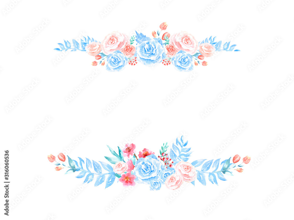 Watercolor elegant horizontal frame with flowers isolated on a white background