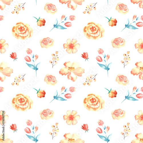 Wallpaper Mural Watercolor gentle pattern with orange flowers hand drawn on white background Torontodigital.ca