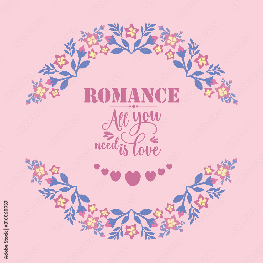 Template design for romance card, with cute style of leaf and floral frame. Vector