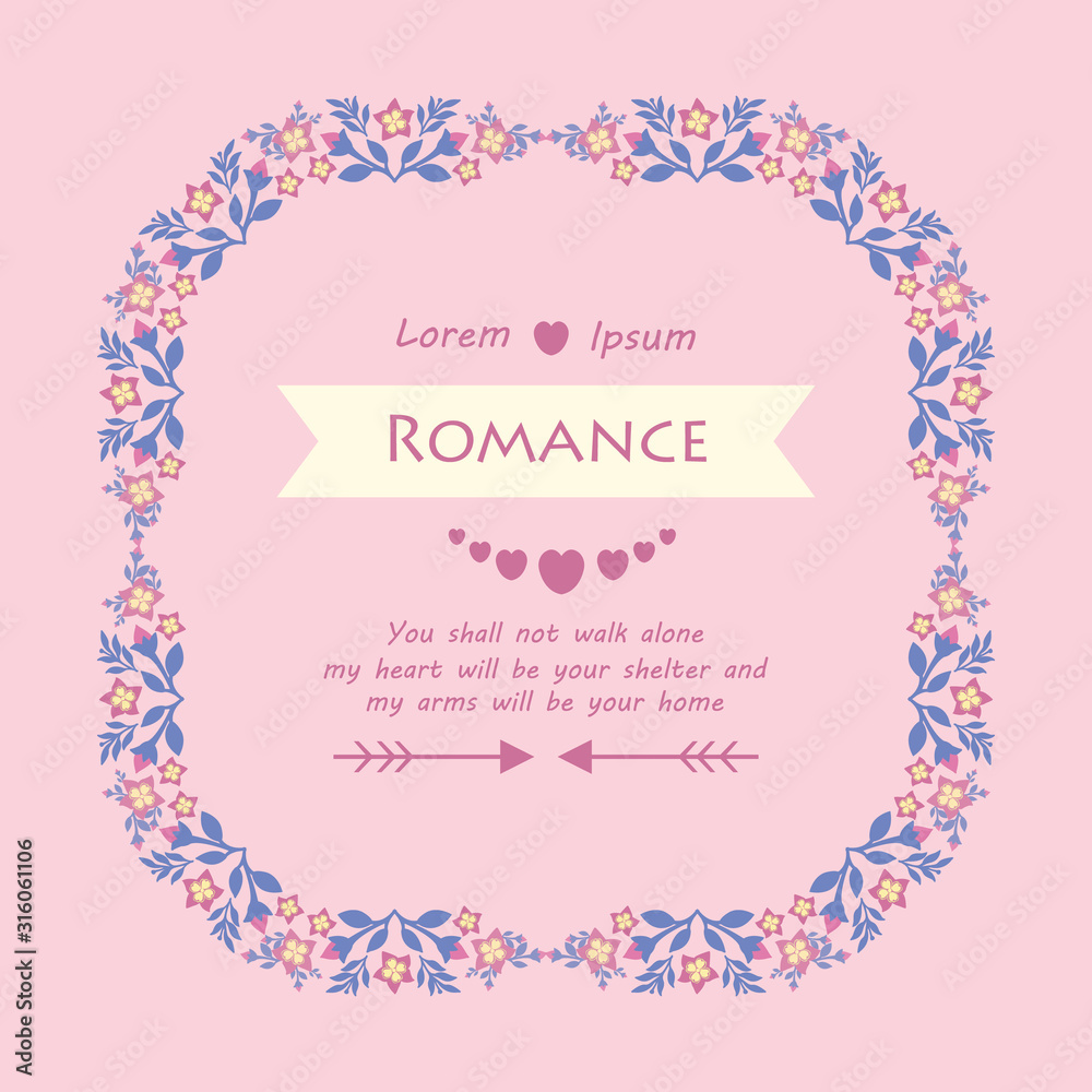 Template design for romance card, with cute style of leaf and floral frame. Vector