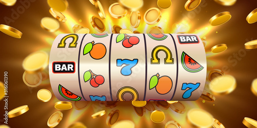 Slot machine with flying golden coins wins the jackpot. Big win concept.