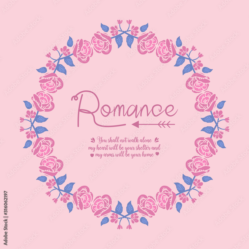 Romance greeting card template design, with elegant leaf and pink rose flower frame design. Vector