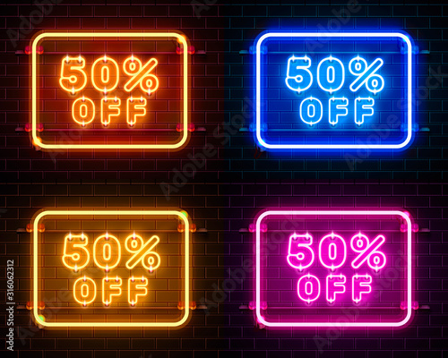 Neon 50 off text banner color set. Night Sign.