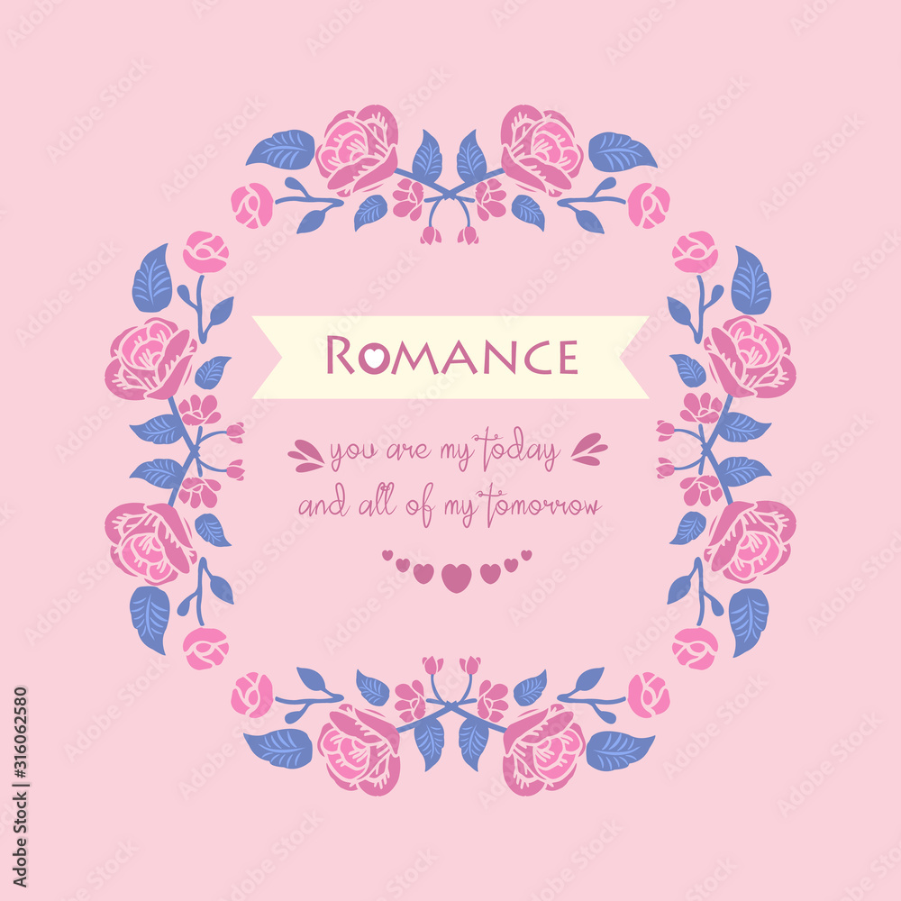 Beautiful decoration of leaf and pink rose flower frame, for romance invitation card design. Vector