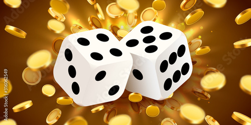Two dices, surrounded by a luminous frame and coin explosion. Luck banner. Casino concept.