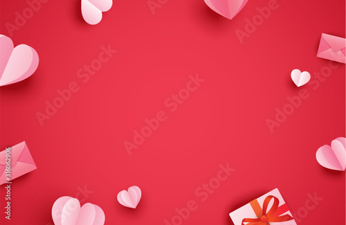 Happy valentines day greeting cards with paper hearts on red pastel background. photo