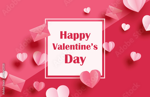 Happy valentines day greeting cards with paper hearts on red pastel background.