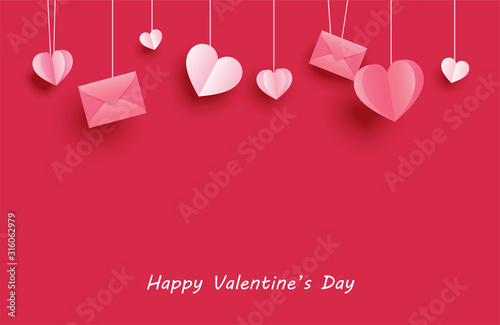 Happy valentines day greeting cards with paper hearts hanging on red pastel background.