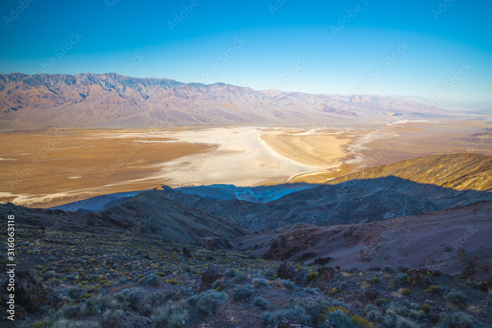 Death Valley National Park. Badwater Basin, at 282 feet below sea level, as viewed from Dante's View point, 5475 feet above sea level
