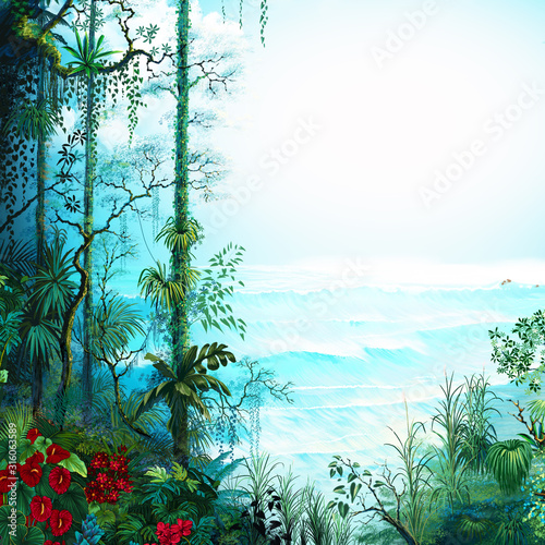  Bright tropical background with jungle plants  Exotic botanical design for cosmetics  spa  perfume  health care products  aro