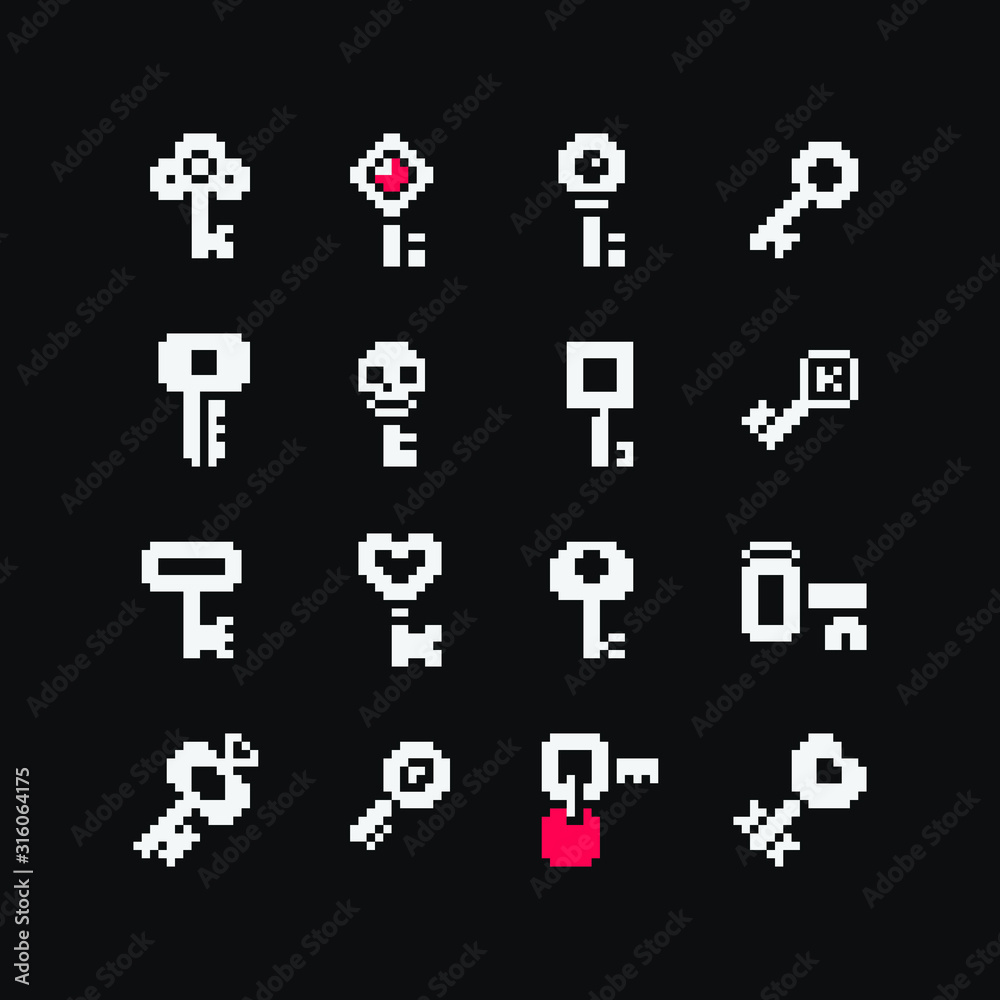 1 Bit Keys Icons Set. Design For Logo Game, Sticker, Web, Mobile App,  Badges And Patches. Isolated Pixel Art Vector Illustration. Game Assets.  เวกเตอร์สต็อก | Adobe Stock