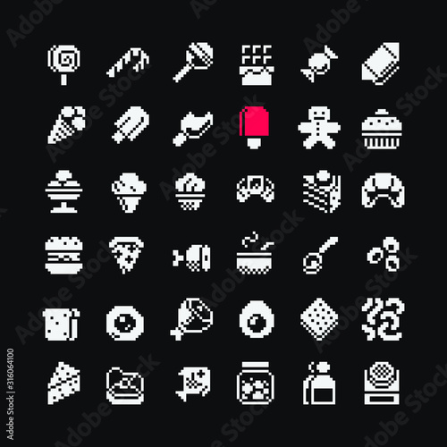 1-bit food icons set, sweets, meat, fast food, egg, chocolate and ice cream. Design for logo game, sticker, web, mobile app, badges and patches. Isolated pixel art vector illustration. Game assets.