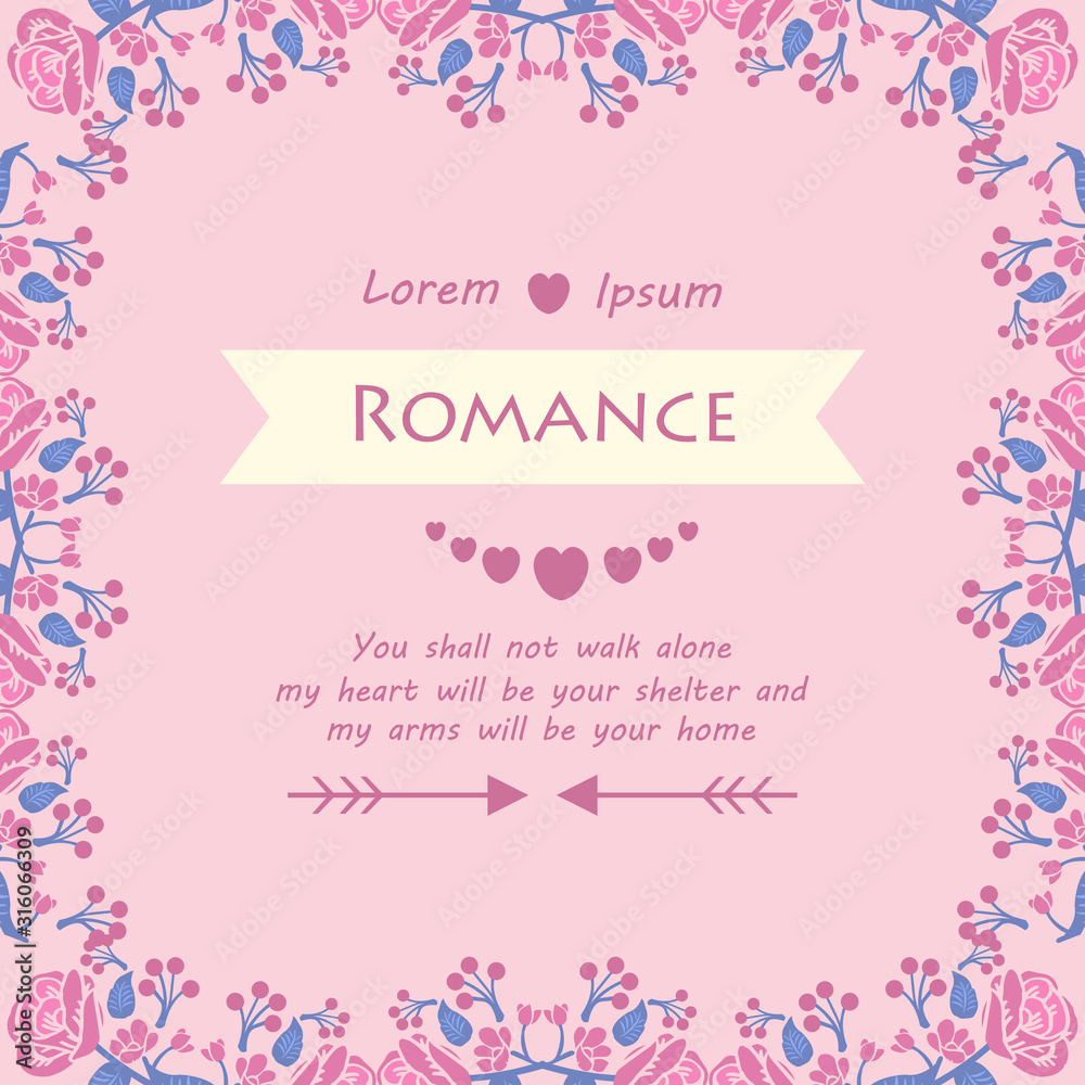 Simple pattern of romance greeting card, with leaf and pink wreath unique frame. Vector