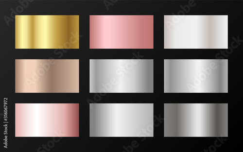 Metallic foil texture silver, steel, chrome, platinum, copper, bronze, aluminum, rose gold gradient swatches. 