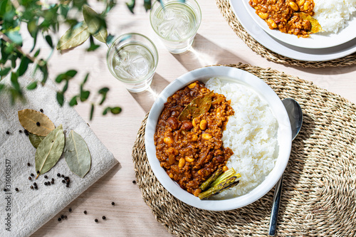 Beans curry with rice on table.Lunch time image.