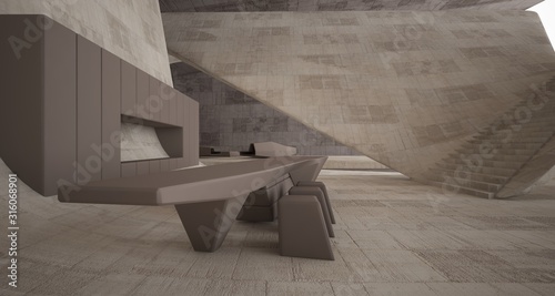 Abstract architectural concrete interior of a minimalist house. 3D illustration and rendering.