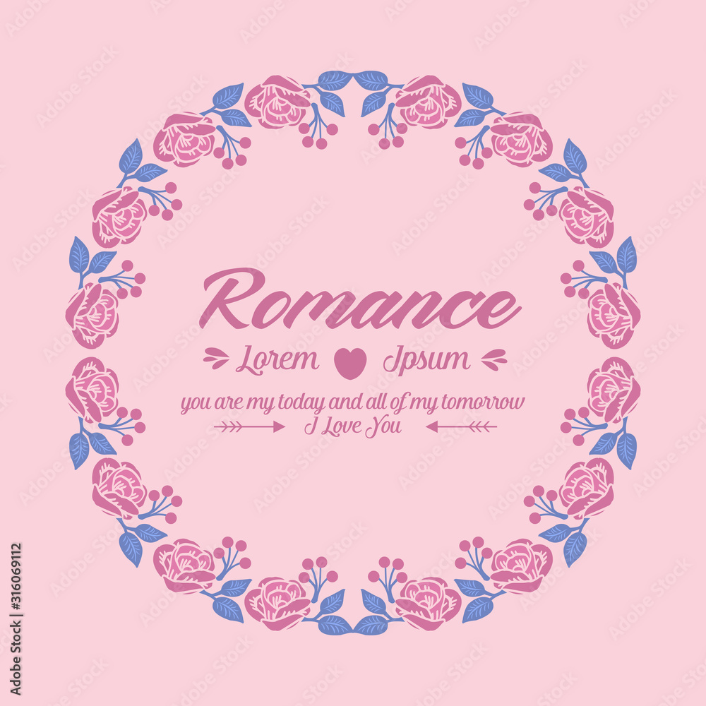 Modern shape of romance greeting card, with unique pattern of leaf and pink rose wreath frame. Vector