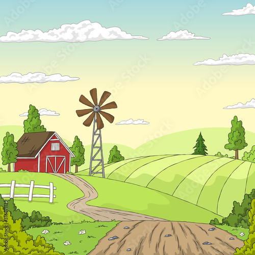 Summer landscape with windmill and farmhouse. Hand drawn vector illustration with separate layers.